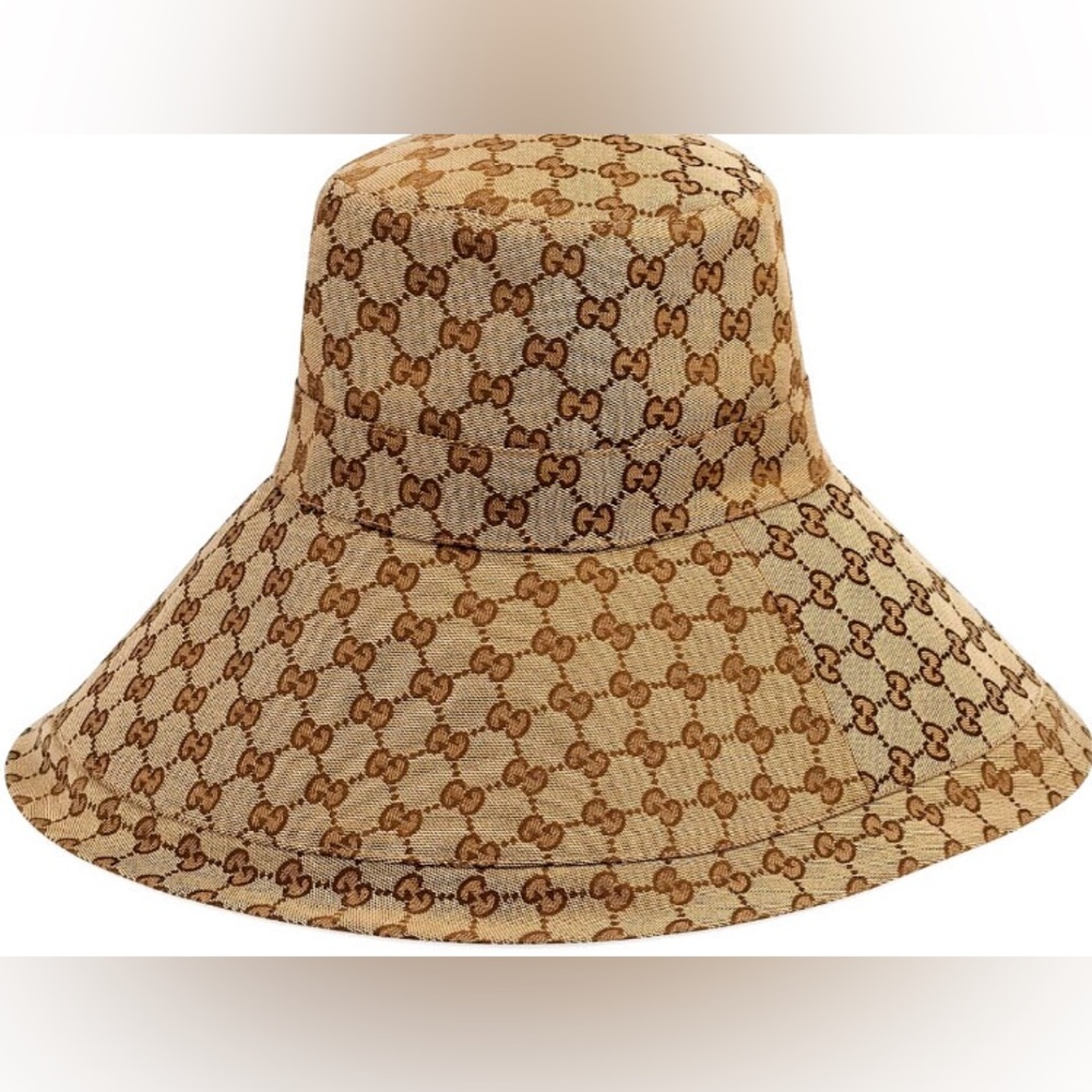 Monogram Wide Large Brim Beige Tan Canvas Bucket Hat Jacquard Sun Coverage New - Picture 2 of 16